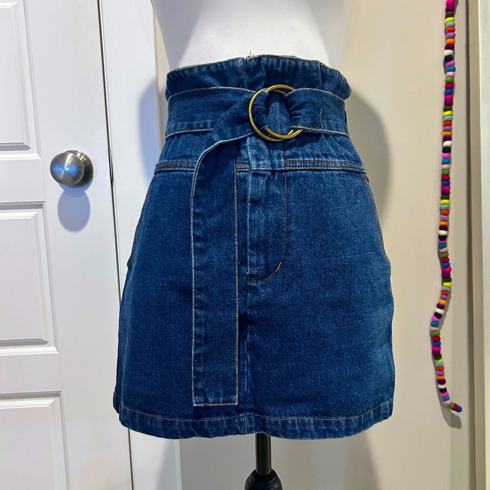 HONEY PUNCH Belted Denim Miniskirt High Waisted O-ring Belt
